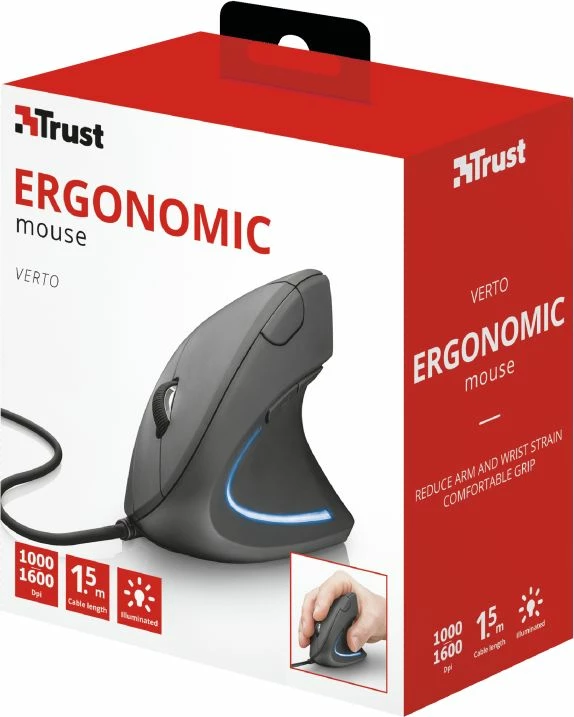 Maus ergonomik vertikal Trust Verto 22885 1600 DPI USB, 6 butona, për të djathtë, e zezë