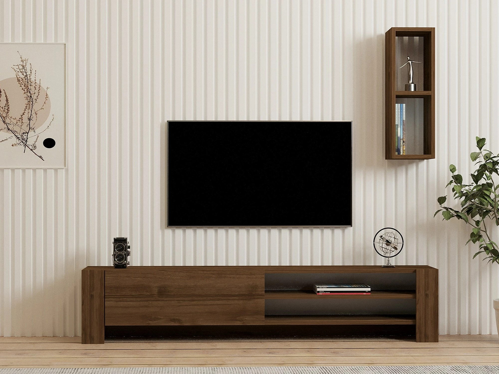 Komodë TV Skye Decor, ngjyrë arre, me rafte dhe raft muri, Naz