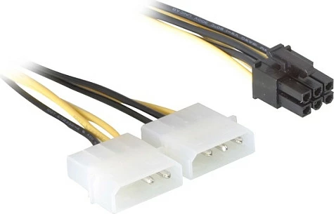 Kabllo adapter energjie DeLOCK 2x Molex 4-pin në PCIe 6-pin, 0.15 m, e zezë/verdhe