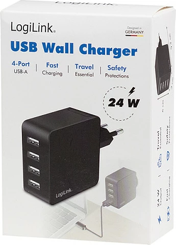 Karikues USB-A LogiLink 24 W, 4 porte, i zi