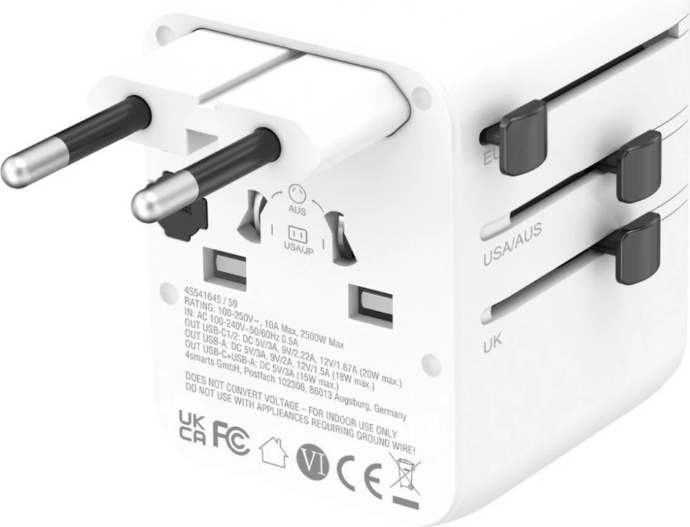 Adapter udhëtimi, 4smarts Nomad 20W, GaN, 2x USB-C + 1x USB-A, prizë universale, i bardhë