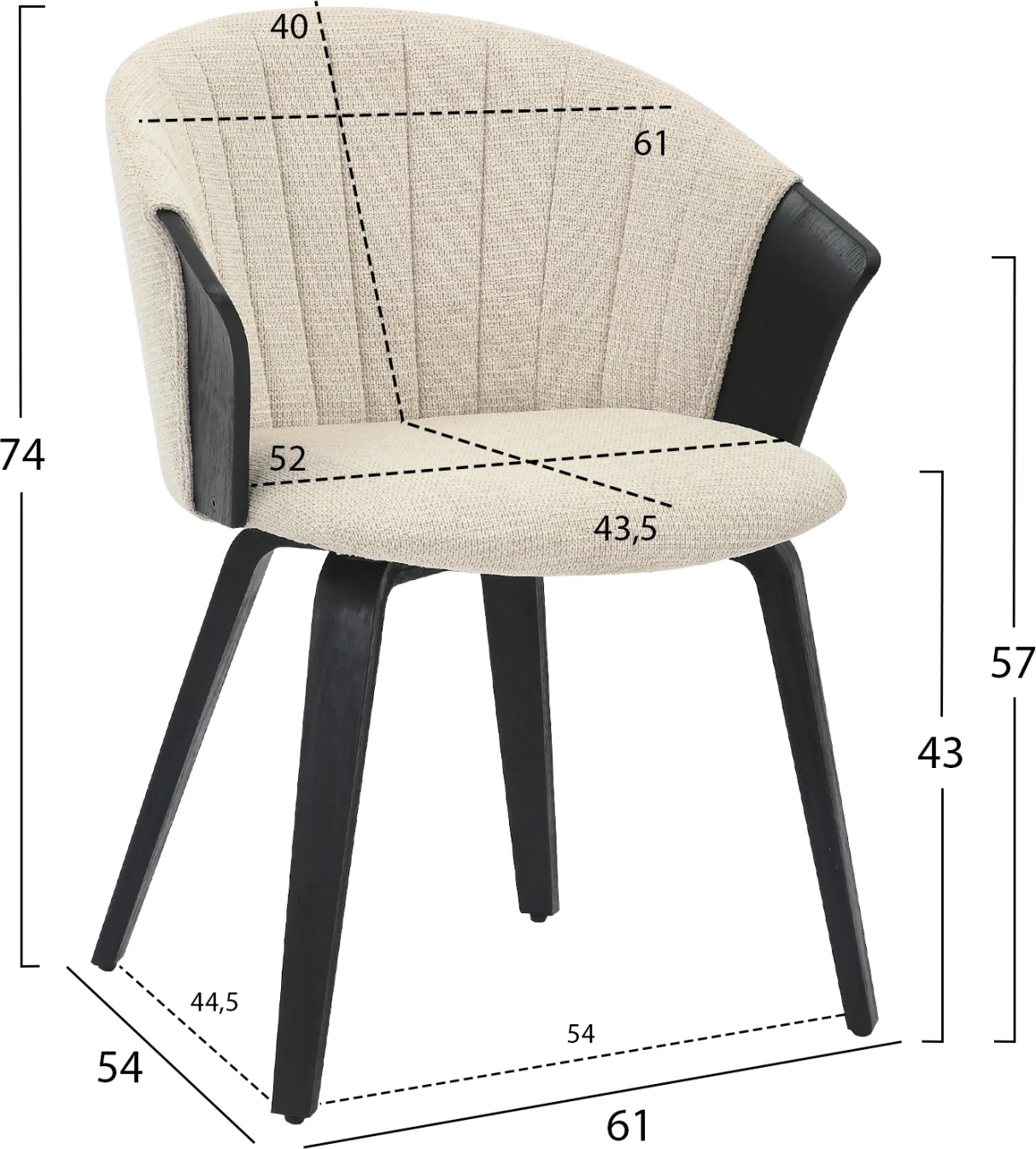 Karrige për ngrënie JESPER FH9977.02, kornizë prej druri, pëlhurë e zezë-ekru, 61x54x74H cm