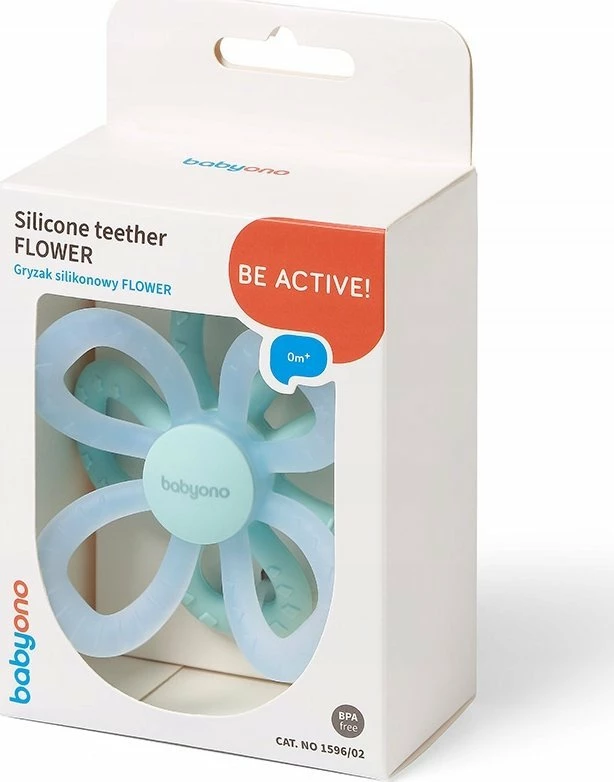 Lodër dhëmbëzimi silikoni BabyOno 1596/02 Flower 9×9 cm, blu/mentë