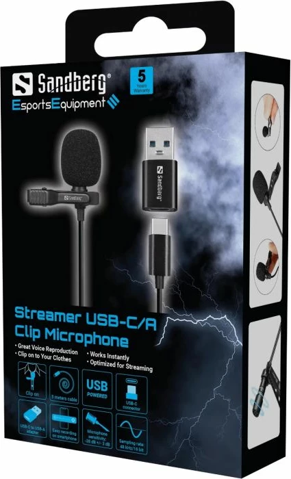 Mikrofon me kapëse USB SANDBERG Streamer 126-40, kabllo 3 m, omnidireksional, 48 kHz/16-bit, i zi, set me adapter USB-C në USB-A