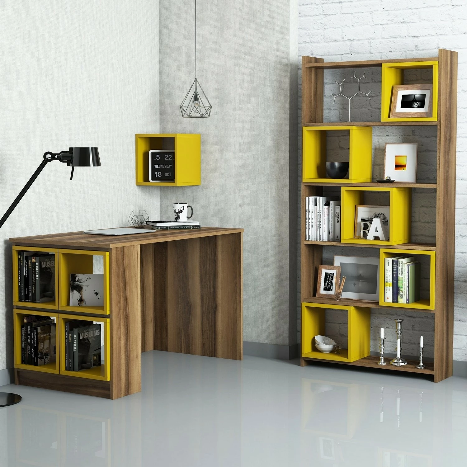Set tavoline studimi me raft librash, ngjyrë arre dhe e verdhë, Skye Decor