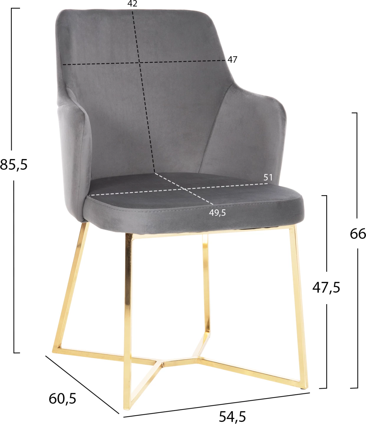 Karrige TRIANA FH9278.11 kadife gri me këmbë metali të arta 54,5x60,5x85,5H cm