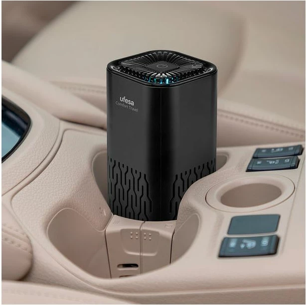 Pastrues ajri portativ UFESA Comfort Travel, USB, deri 10 m², jonizim, filtër karbon aktiv, dritë nate, i zi