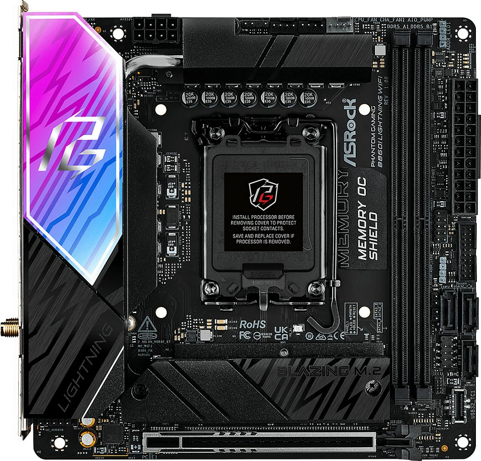 Pllakë amë ASRock Phantom Gaming B860I Lightning WiFi, LGA1851, mini-ITX, DDR5, Wi‑Fi 6E, e zezë