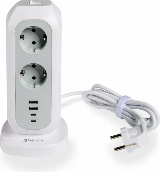 Zgjatues rryme Verbatim Power Tower 49547, 11 priza Schuko, 4 USB (2x USB-C, 2x USB-A), kabllo 2 m, 3600 W, i bardhë