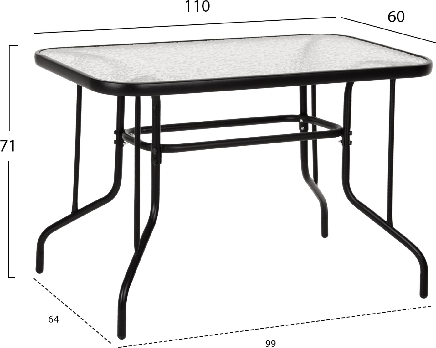 Tavolinë metalike për jashtë ADAM, e zezë, me sipërfaqe xhami të forcuar, 110x60x71 cm