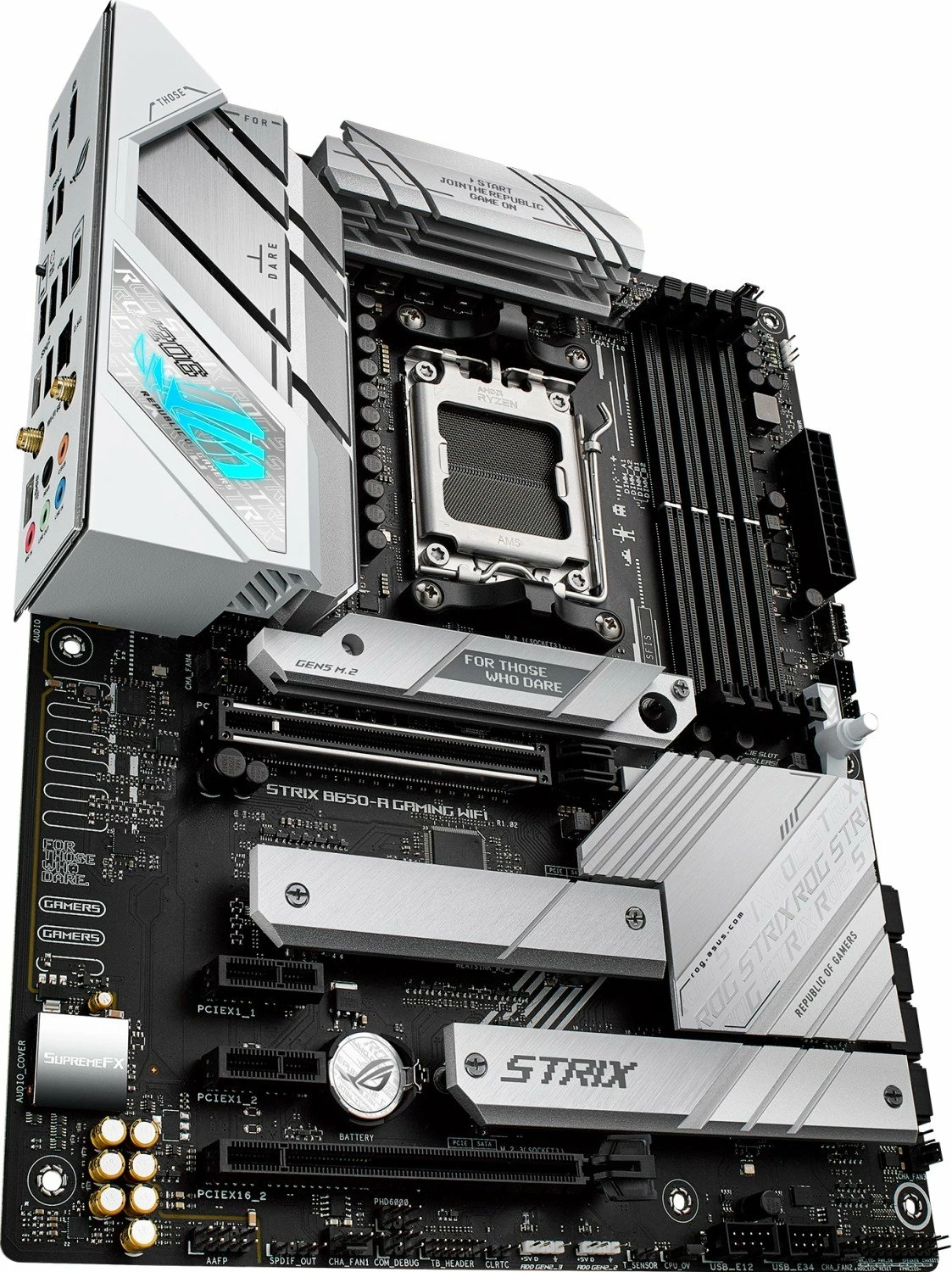 Pllakë amë Asus ROG Strix B650-A Gaming WiFi, ATX, DDR5, Wi‑Fi 6E, 128GB RAM max, bardhë/zezë, me antenë WiFi