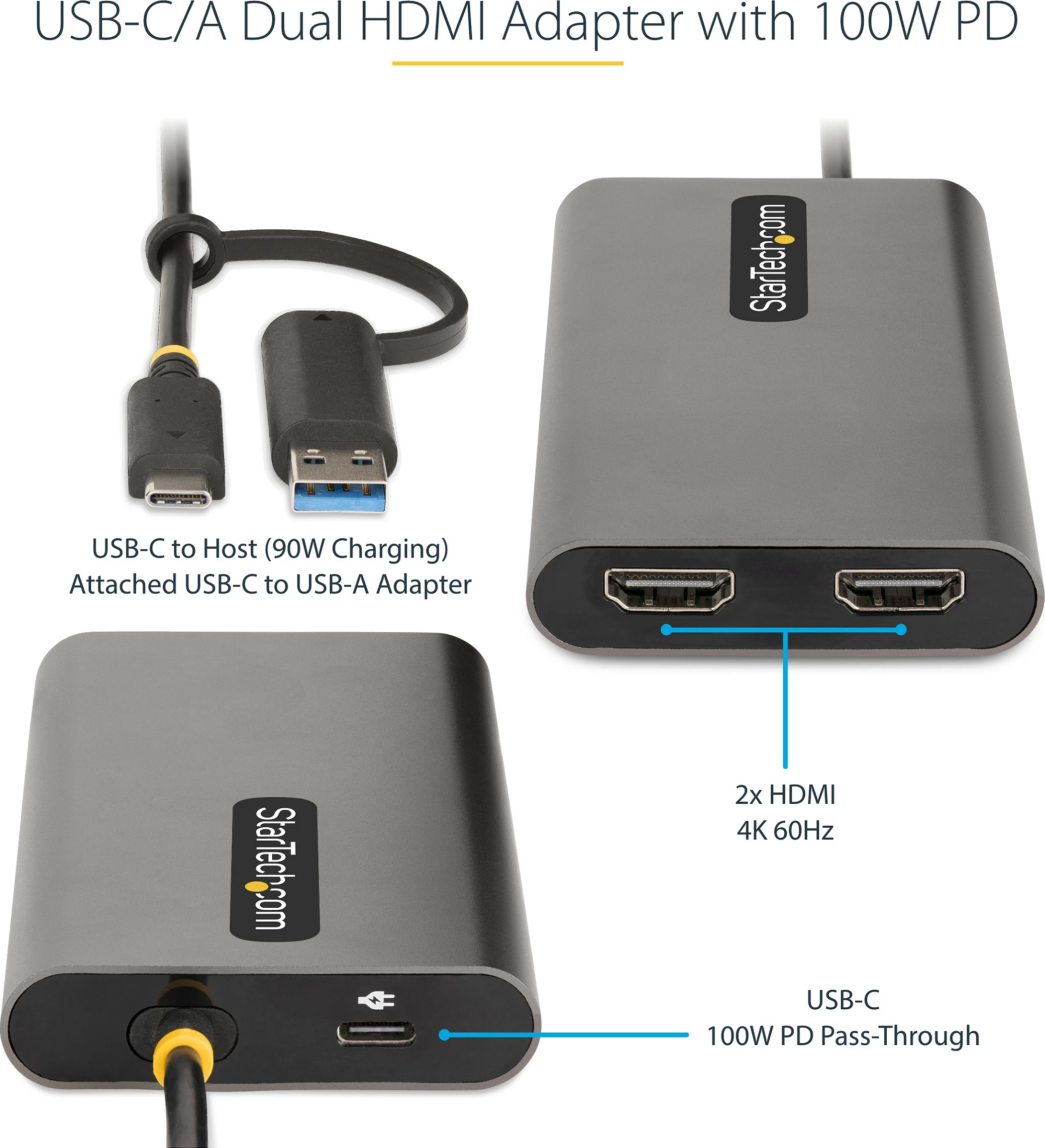 Adapter USB-C/A në Dual HDMI StarTech, 2x HDMI, 4K 60Hz, Power Delivery 100W, gri