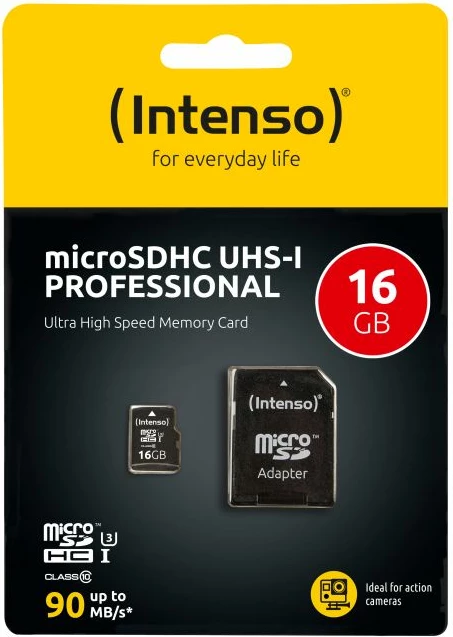 Kartelë memorie microSD INTENSO UHS-I Professional 16GB Class 10 90MB/s, e zezë, me adapter SD