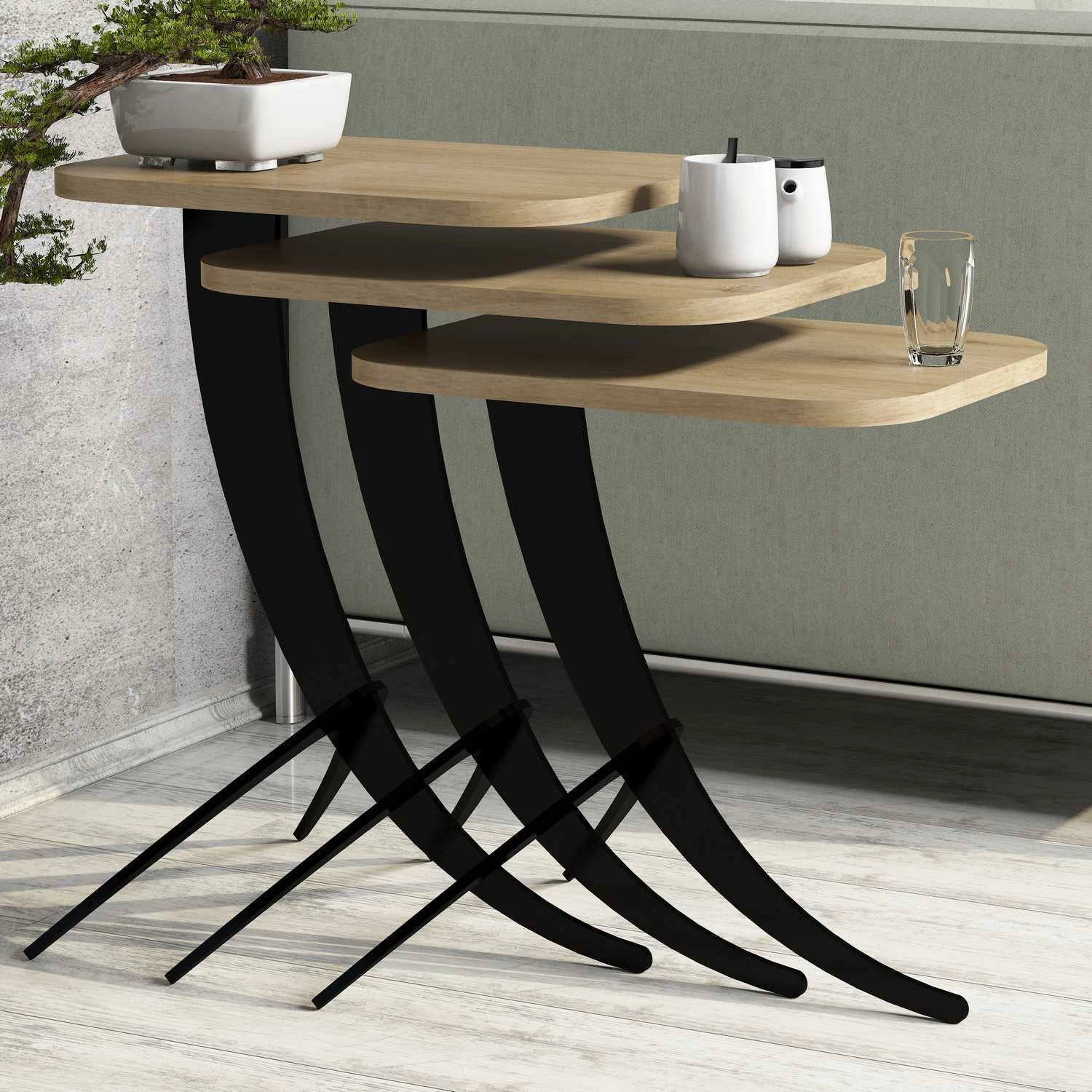 Set tavolinash ndihmëse (3 copë), Hanah Home, Pion - ngjyrë lisi