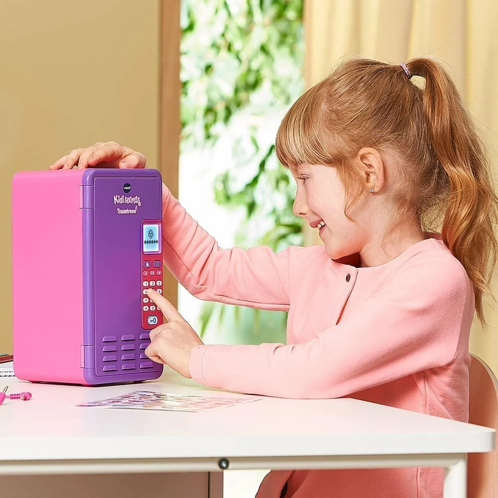 Kasafortë interaktive për sekrete Vtech KidiSecrets Dream Treasure 554154, me kod numerik, ekran LCD, 6 lojëra, orë/alarm, 3xAA, vjollcë