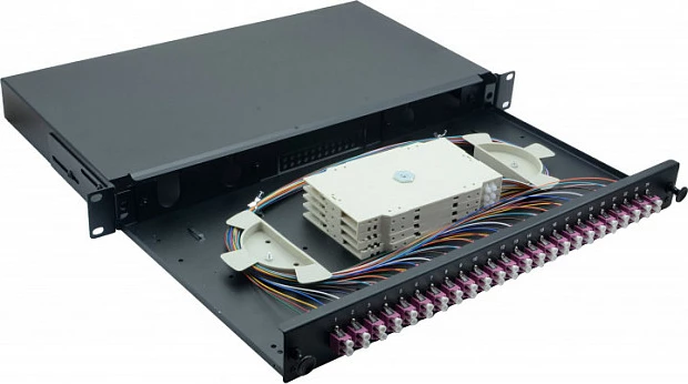 Spleissbox fiber optike Helos LWL 19" 1U, 24x LC Duplex OM4, e zezë