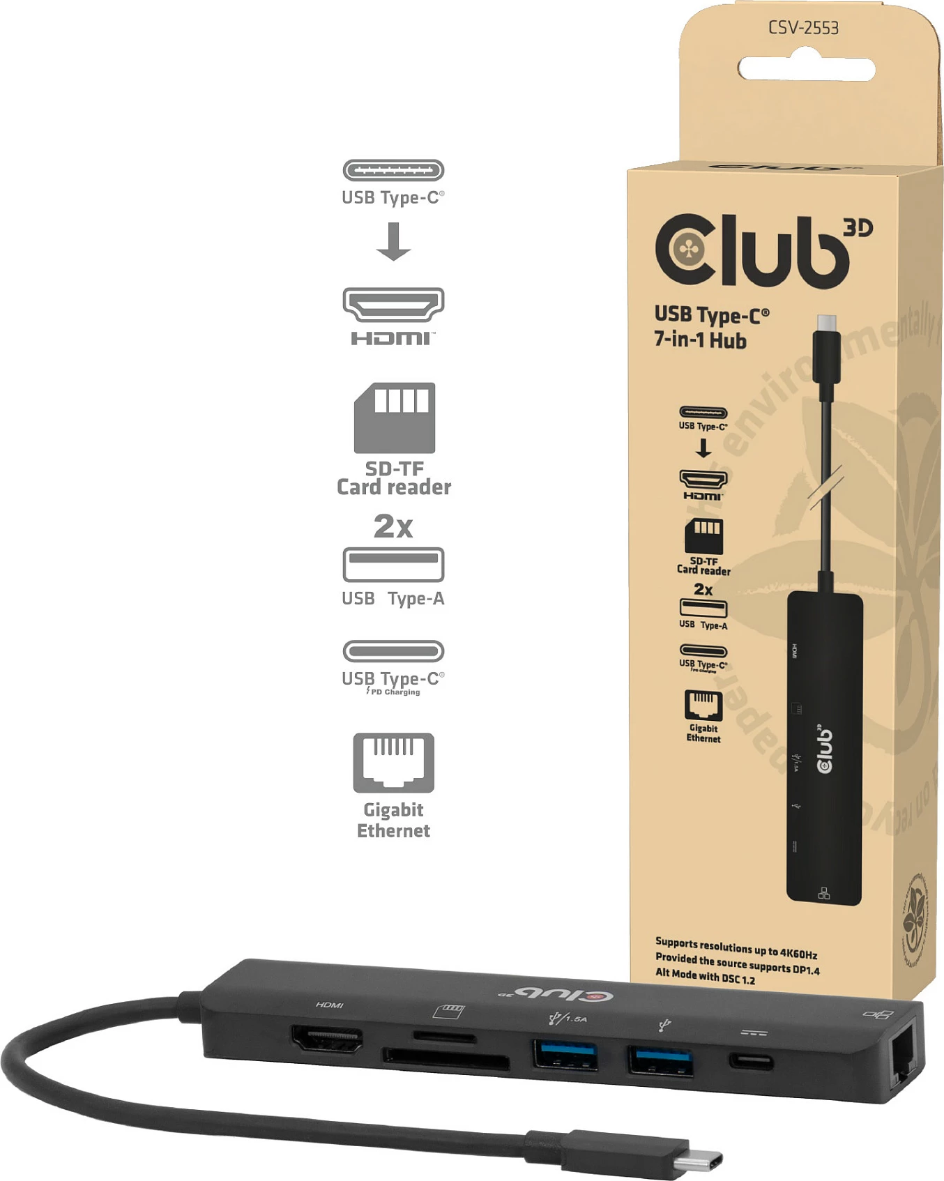 Hub USB-C Club 3D CSV-2553, 7-në-1, HDMI 4K@60Hz, RJ-45 Gigabit, 2x USB-A, USB-C PD, SD/microSD, i zi