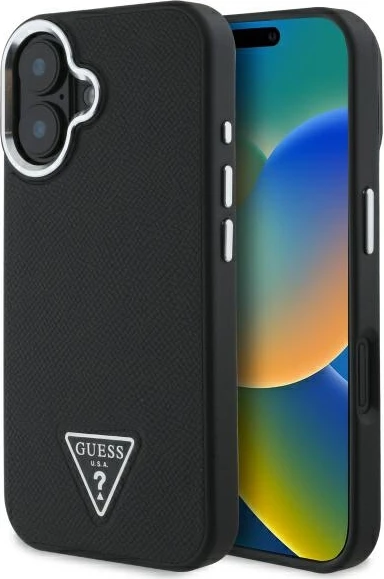 Mbështjellës Guess Grained Triangle MagSafe për iPhone 16, zi