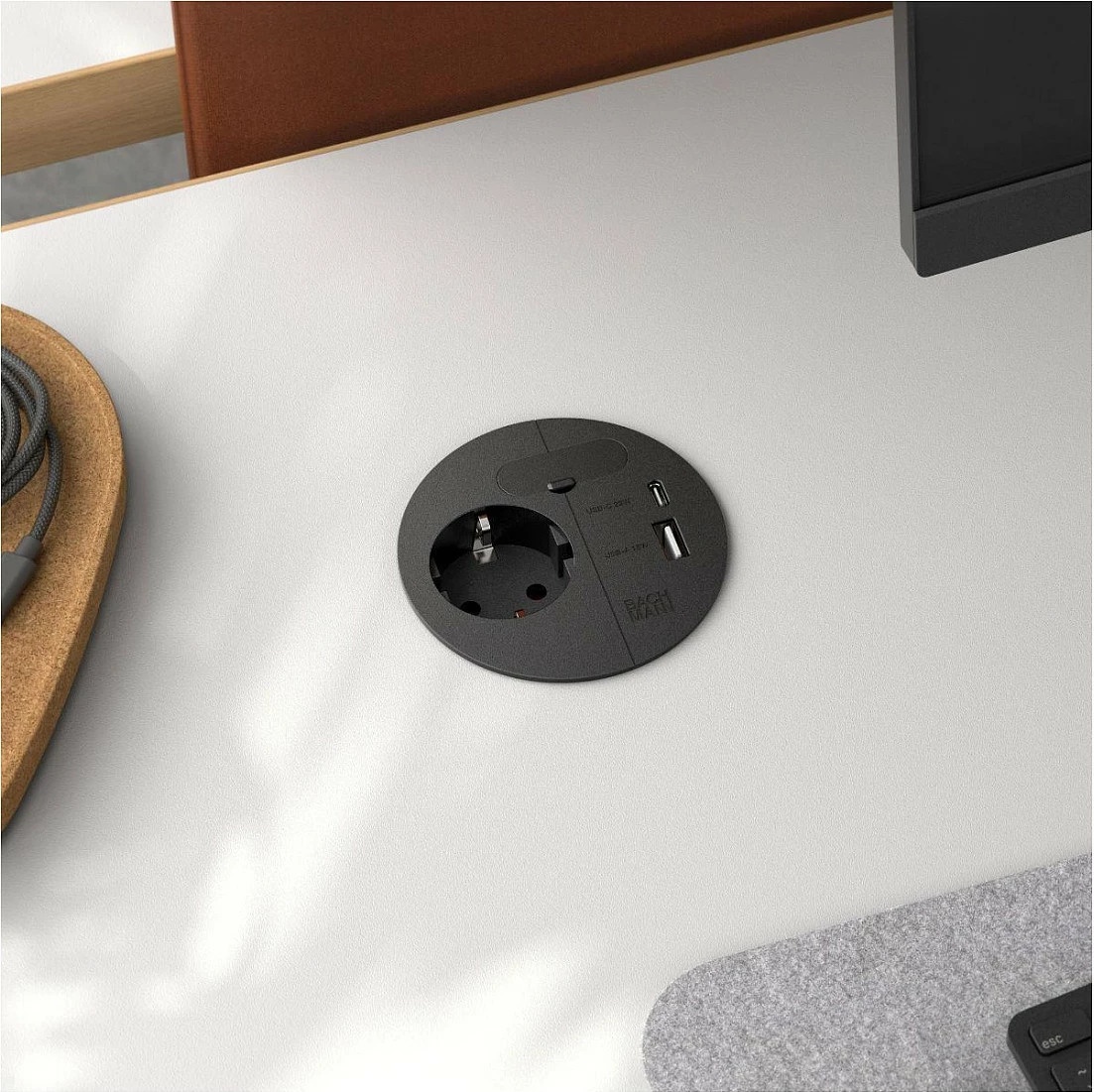Prizë tavoline Bachmann Loop In Charge, Schuko CEE7/3 + USB-A/USB-C 22W PD, kabllo 2m, e zezë