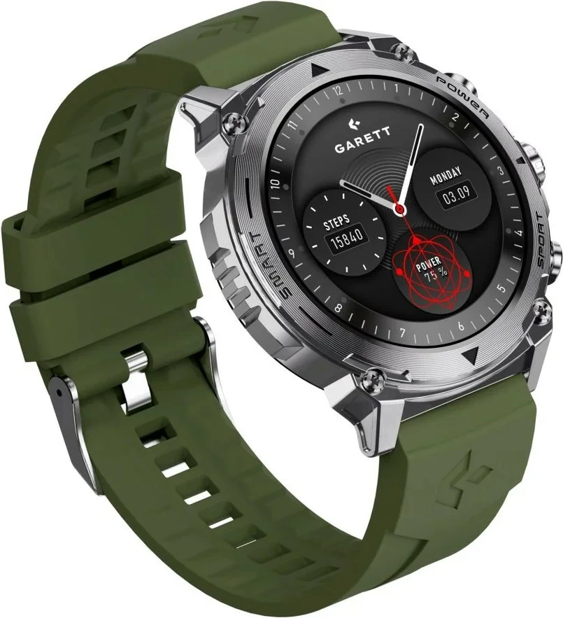 Smartwatch Garett Atom 1.43\" AMOLED, Bluetooth thirrje, IP68, 370 mAh, argjendtë, set me rrip shtesë silikonik