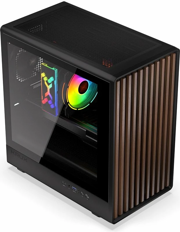 Kasë Krux Helio KRXD011 Mini Tower microATX/Mini-ITX, USB-A 3.0 + USB-C, panel anësor xham i temperuar, e zezë me dru