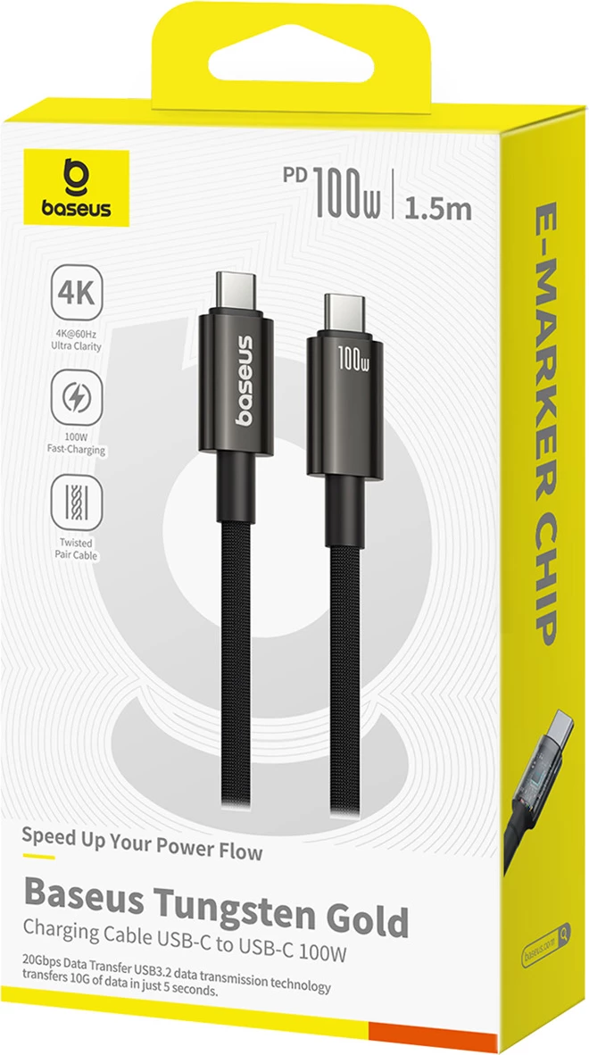 Kabllo USB-C në USB-C Baseus Tungsten Gold, 1.5m, 100W, 4K 60Hz, e zezë
