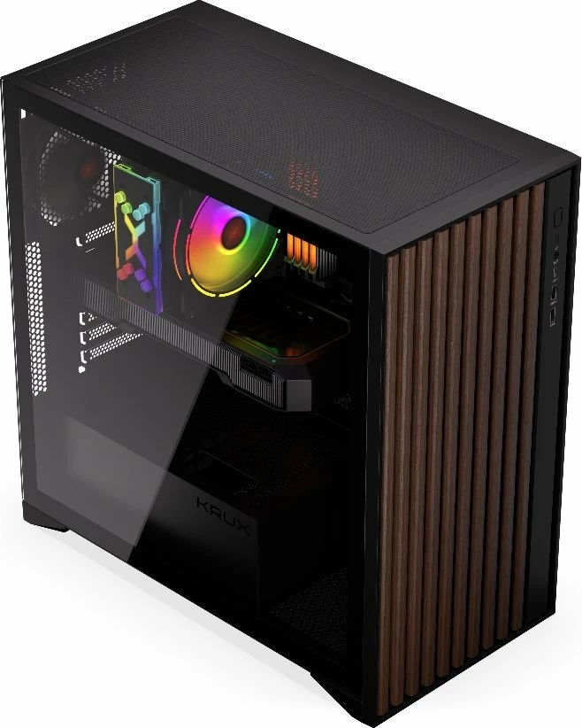 Kasë Krux Palum KRXD008 Midi Tower ATX/Micro-ATX/Mini-ITX, USB-C, 2x120mm fans, pa PSU, zezë/kafe