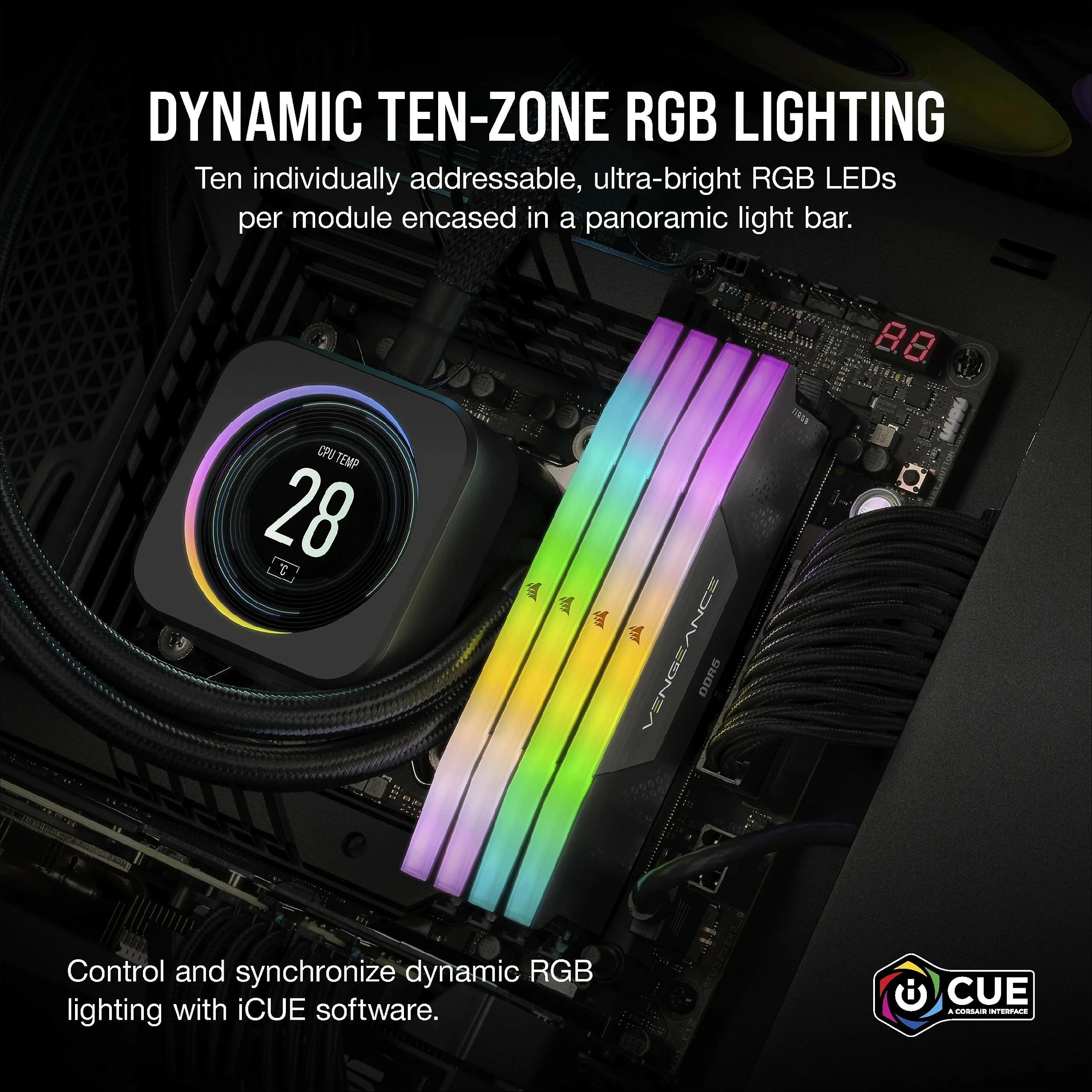 RAM Memorje Corsair Vengeance RGB CMH32GX5M2B6000C38, 32GB (2x16GB) DDR5 6000MHz, RGB Multicolor