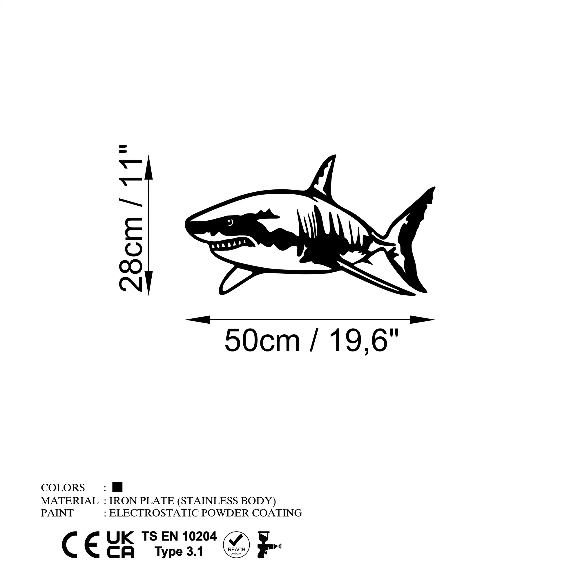 Aksesor dekorativ metalik për mur, peshkaqen, Wallity, i zi, 50x28cm