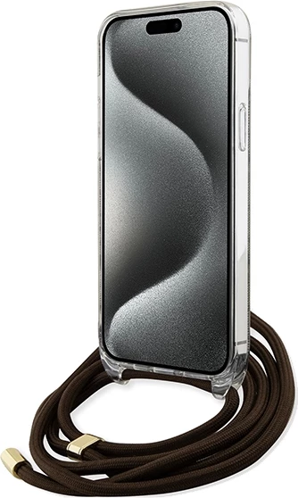 Mbështjellës Guess Crossbody Cord 4G Print për iPhone 15 Pro Max, Kafe