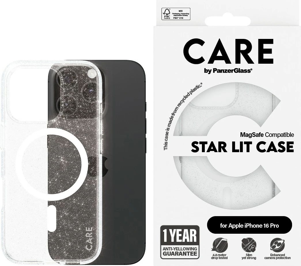 Mbështjellës PanzerGlass CARE Case Flagship Star Lit White MagSAFE për iPhone 16 Pro, transparent
