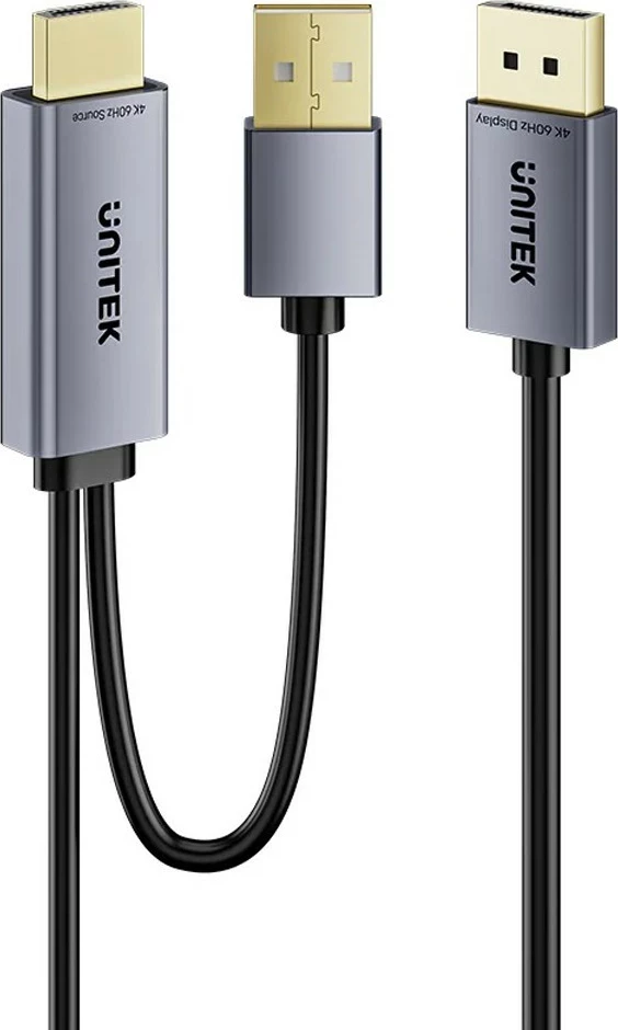 Kabllo Unitek HDMI në DisplayPort, 4K 60Hz, HDR, me furnizim USB-A, 1.8 m, e zezë-gri