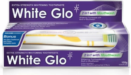 Pastë dhëmbësh me efekt zbardhues dhe shpëlarës goje White Glo 2in1 + furçë dhëmbësh, 100ml