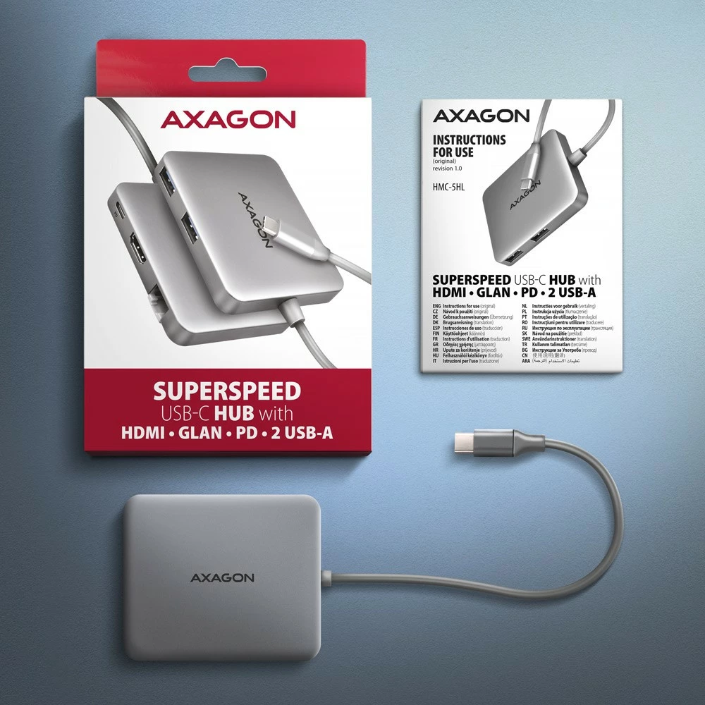 Multiport USB-C hub AXAGON HMC-5HL, 5 porte, HDMI 4K/60Hz, GLAN, Power Delivery 100W, Gri