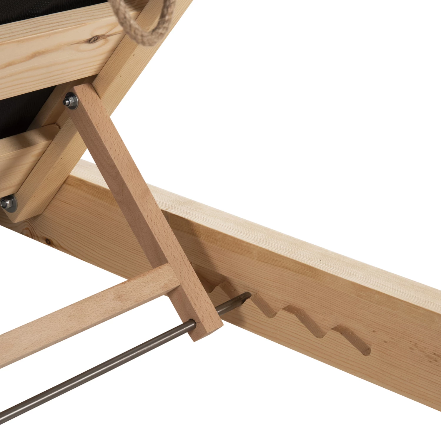 Shezlong plazhi i ulët IKARIA, dru pishe, ngjyrë natyrale, tekstilene e zezë, jastëk 20 cm i trashë