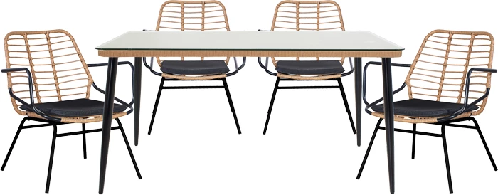 Tavolinë me karrige Naoki A set prej 5 copash ratan natyral-metal i zi-xham 160x90x78cm