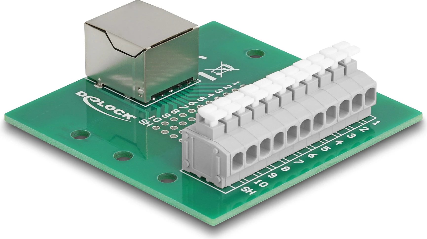 Adapter DeLOCK RJ50 femër në terminal block, montim DIN rail, AWG 24-12, 53x60x18 mm, Jeshile/Hirtë