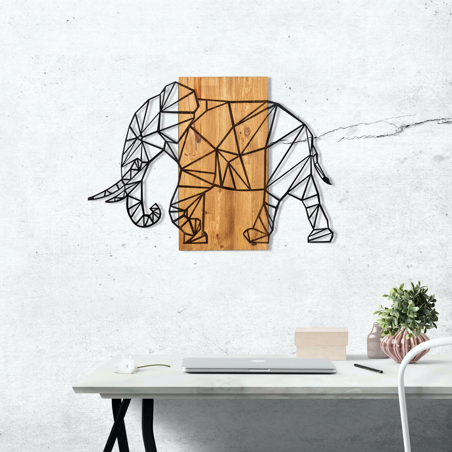 Aksesor dekorativ për mur, dru dhe metal, elefant, Wallity, ngjyrë e zezë dhe arre, 82x58cm