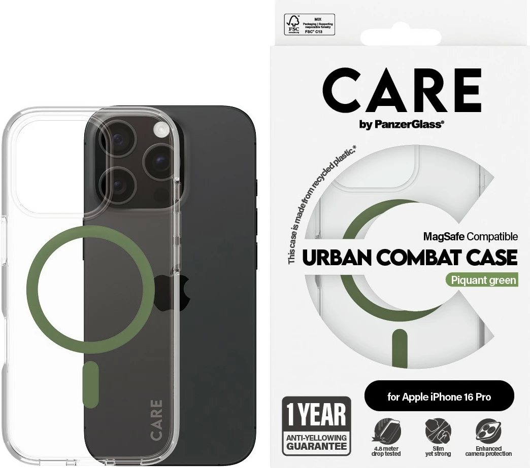 Mbështjellës PanzerGlass CARE Case Flagship MagSAFE për iPhone 16 Pro, transparent, green