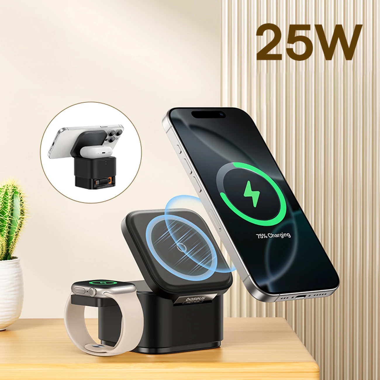 Karikues wireless 3-në-1 Baseus MagPro, 25W, MagSafe, për telefon, kufje e smartwatch, i zi