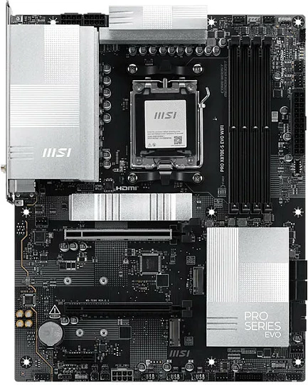 Pllakë amë MSI PRO X870E-S EVO WIFI, Socket AM5, ATX, DDR5 deri 256GB, Wi‑Fi 7, 5G LAN, argjendtë/zezë