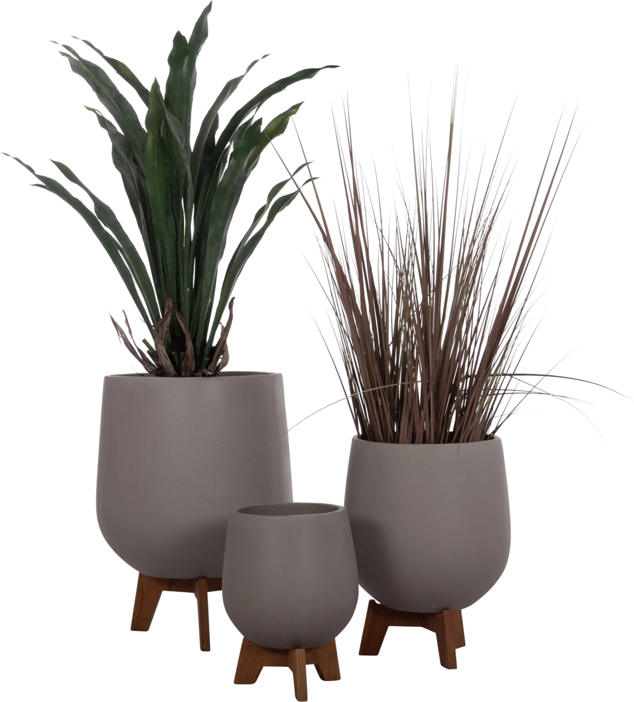 Set 3 vazo me bazë teak TRYLL FH4681.03, fibër-cement, ngjyrë gri