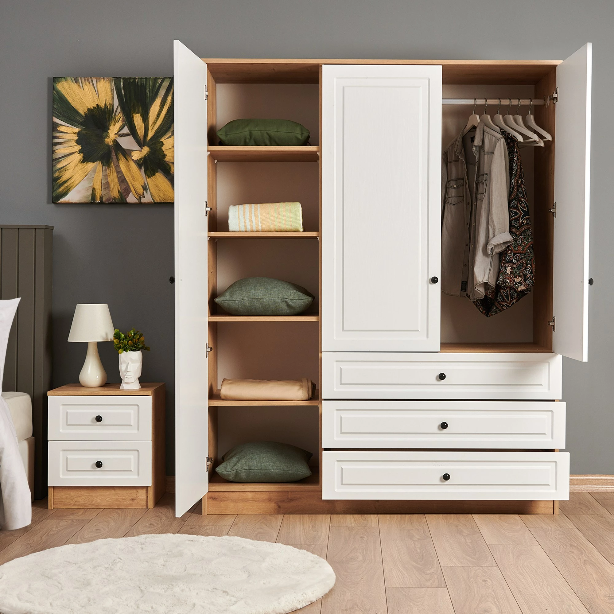 Dollap për dhomë gjumi, ngjyrë lis safir dhe e zezë, Skye Decor, Tuvalle 021