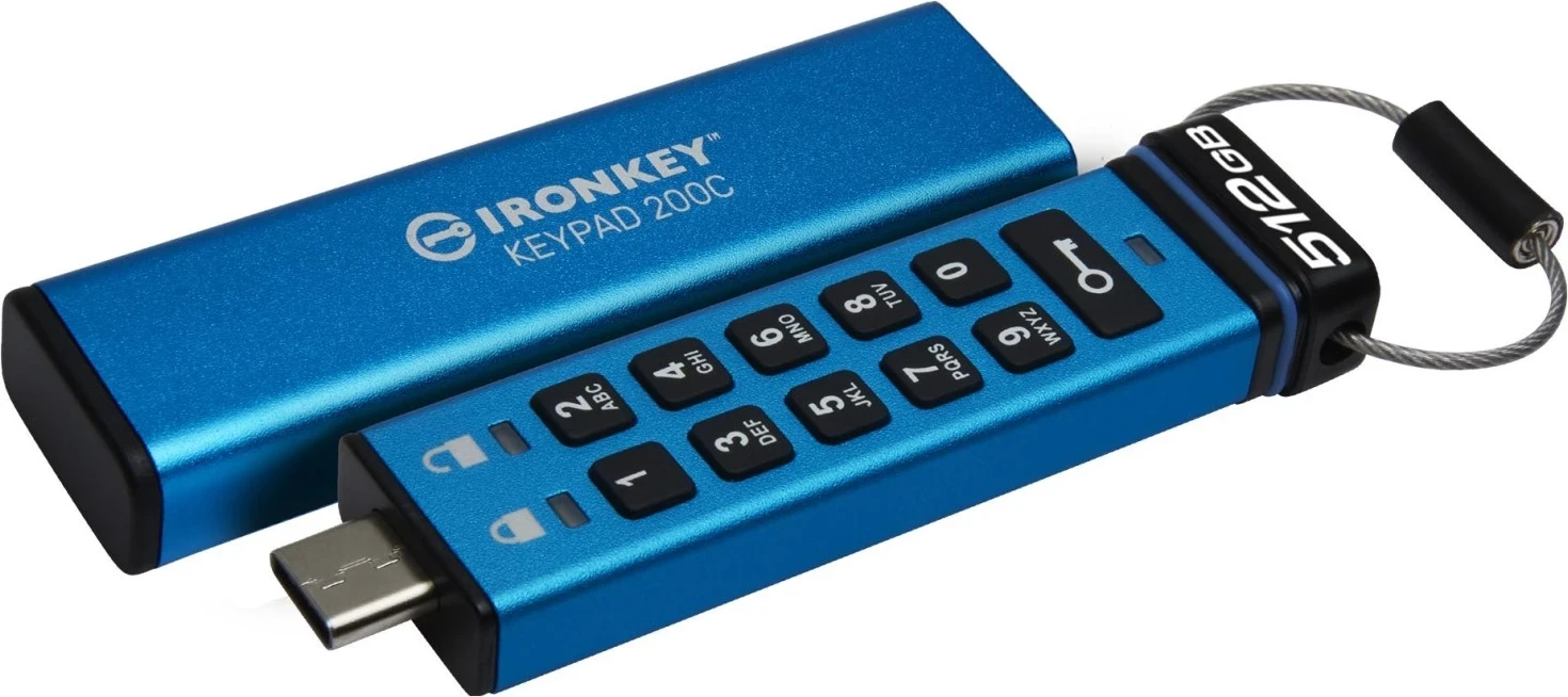 USB Kingston IronKey Keypad 200, 512GB, me enkriptim AES, blu