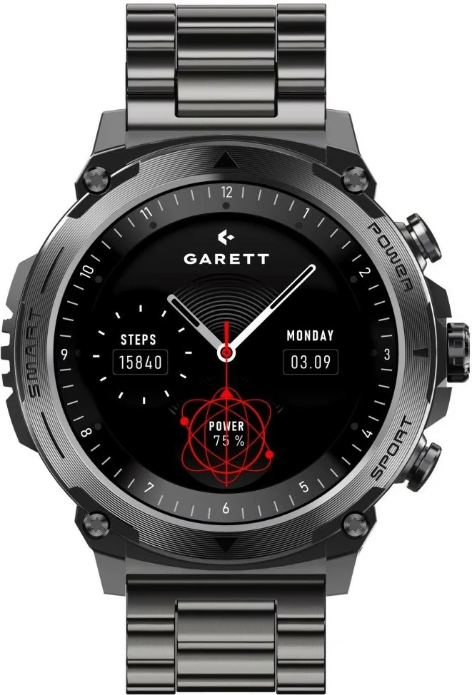 Smartwatch Garett Atom 1.43\" AMOLED, Bluetooth thirrje, IP68, 370 mAh, iOS/Android, e zezë, set me rrip silikoni shtesë