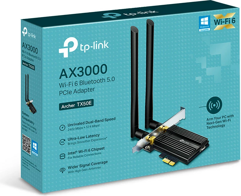 Kartelë rrjeti TP-Link Archer TX50E, Wireless, PCI Express, Wi-Fi 6, 2402 Mbit/s, Ngjyrë e zezë, Metalike