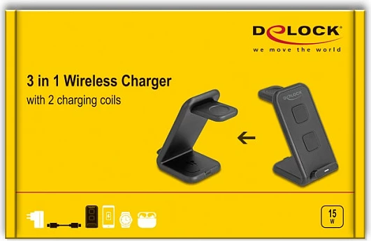 Stacion karikimi wireless DeLOCK 66941, 3-në-1, 15W, USB-C, i zi