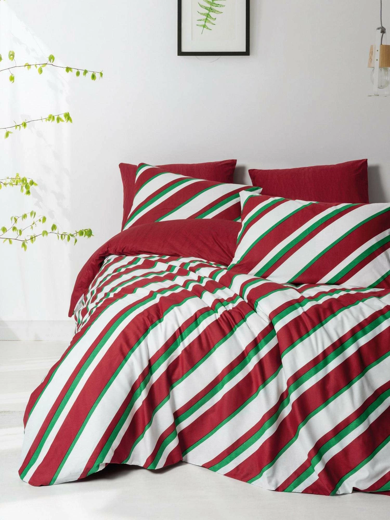 Set mbulesash për dyshek dopio, Ranforce, ngjyrë e kuqe, e bardhë dhe e gjelbër, L'Essentiel Linge de Maison, Merry