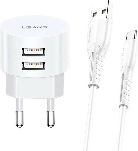 Karikues rrjeti USAMS T20 me 2xUSB, 2.1A, me kabllo USB-C, Bardhë