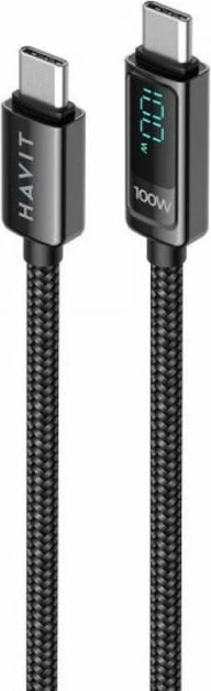 kabllo karikimi USB-C në USB-C HAVIT HV-CB6247, 100W, 2m, me LCD, e zezë